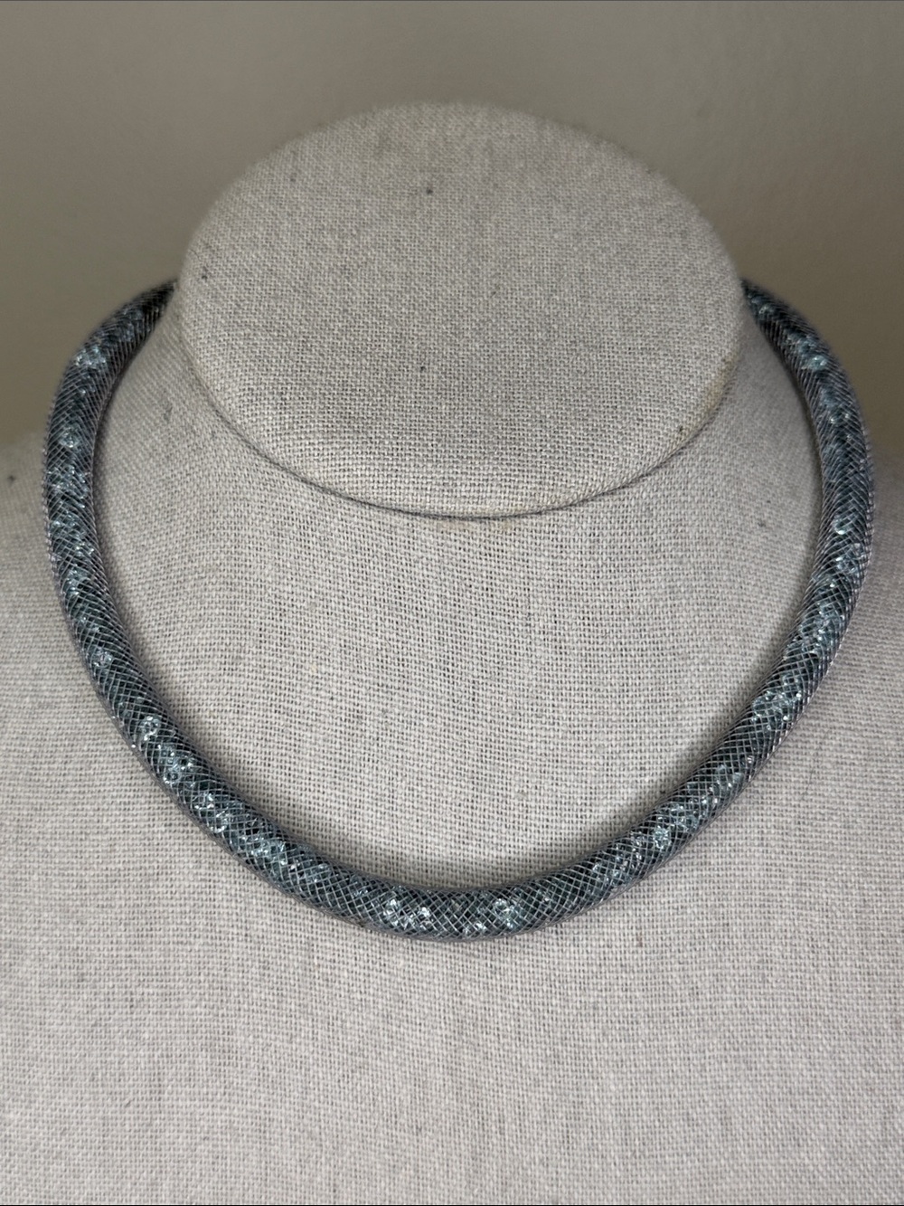 Swarovski Blue Crystal Stardust Mesh Choker Necklace 16" Silver Tone